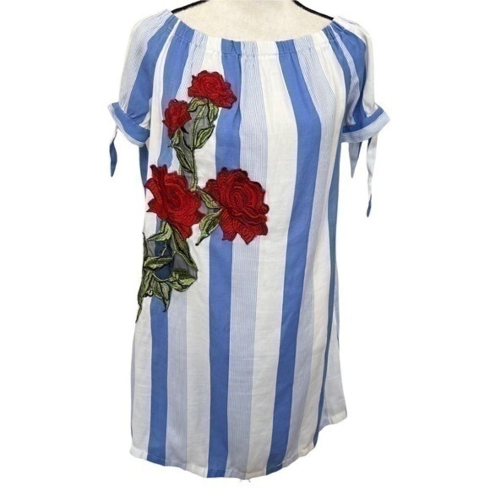 Chocolate cotton blend flower embroidered summer striped blue/white dress size L